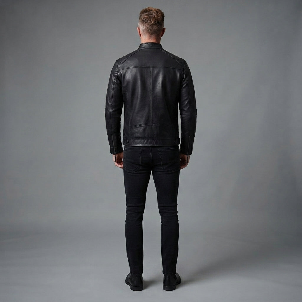 Men's Black Cafe Racer Leather Jacket - Leather Outlet