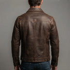 Men's Brown Washed Trucker Leather Jacket - Leather Outlet
