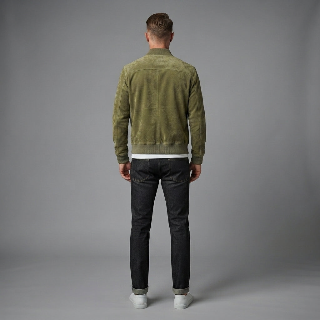 Men's Olive Green Suede Leather Bomber Jacket - Leather Outlet