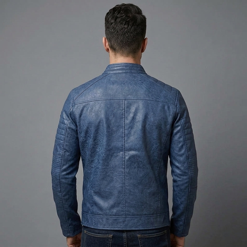 Men's Blue Cafe Racer Leather Jacket - Leather Outlet