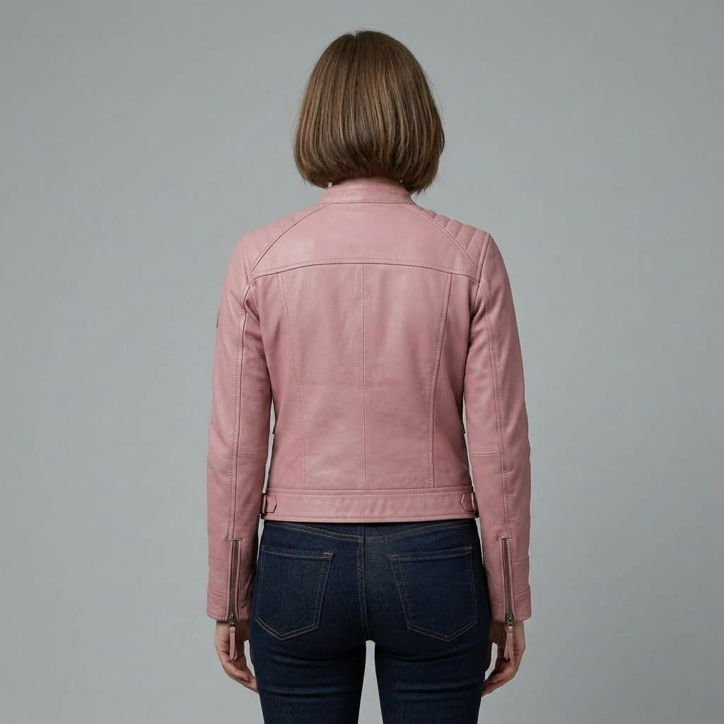 Women's Pink Cafe Racer Leather Jacket