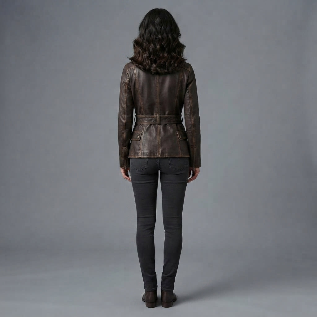 Women's Dark Brown Rub-off Belted Leather Jacket