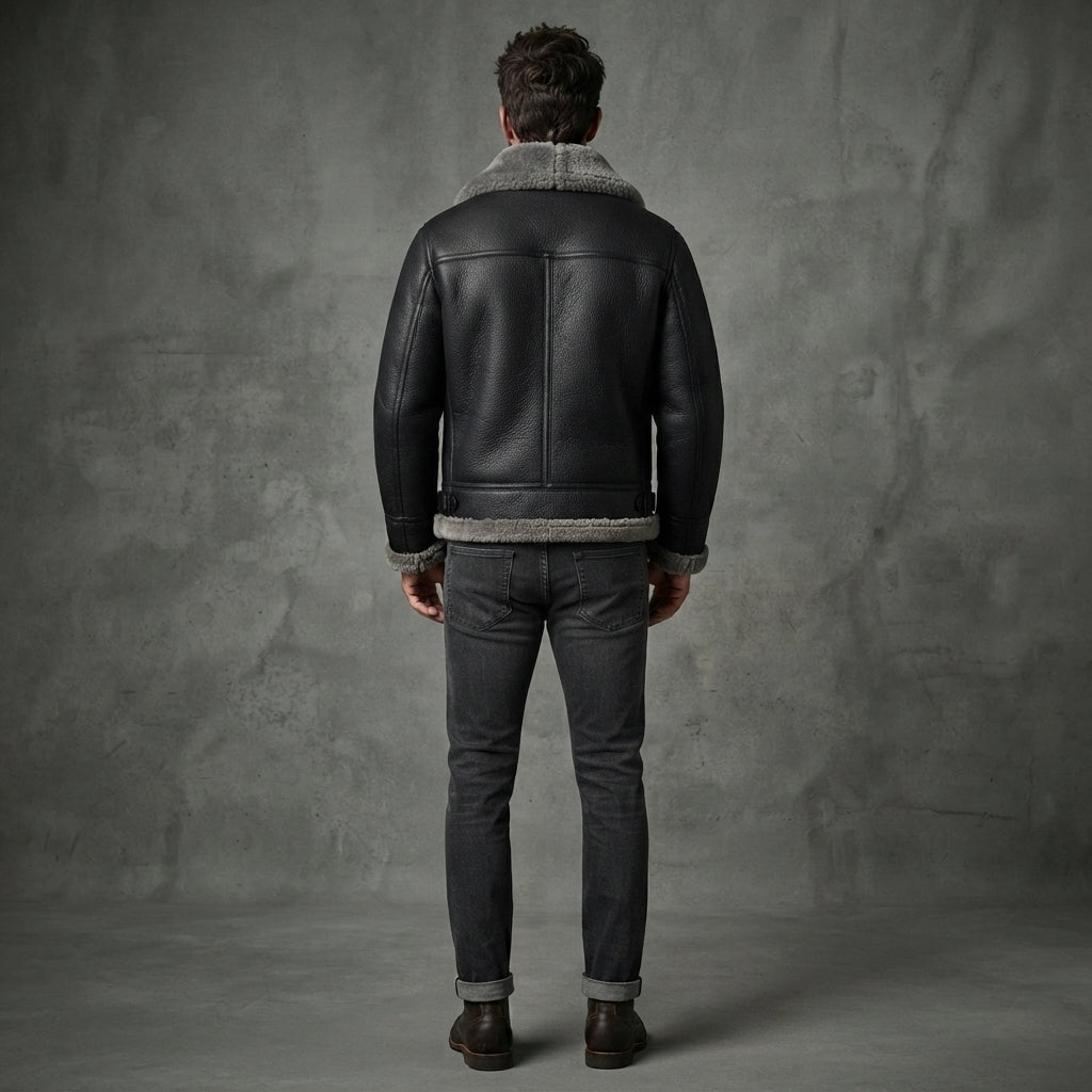 Men's Black Shearling Leather Jacket - Leather Outlet