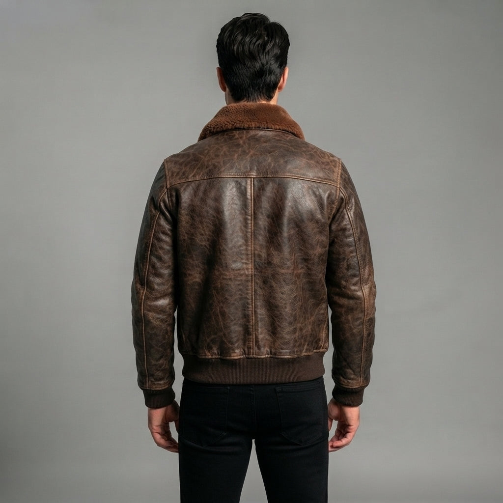 Men's Military Brown Leather Bomber Jacket - Leather Outlet
