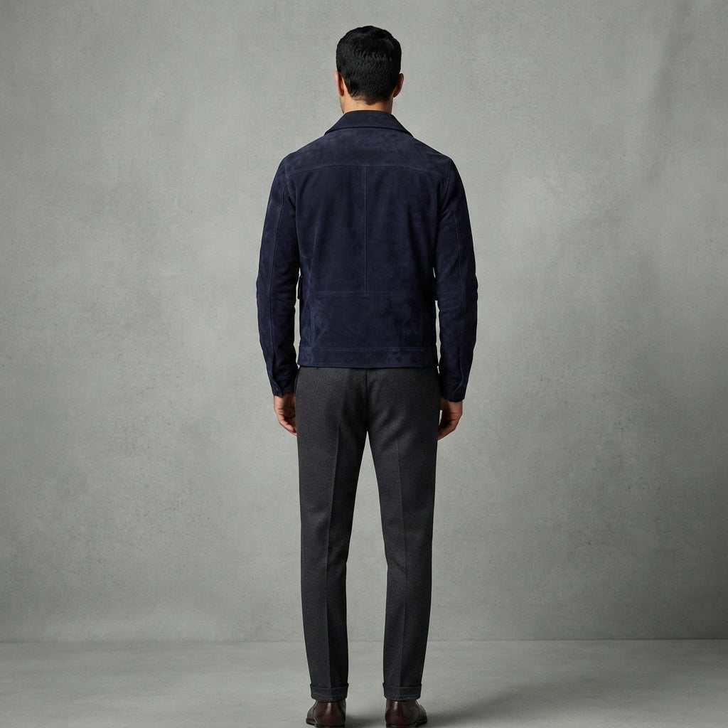 Men's Navy Suede Bomber Jacket - Leather Outlet