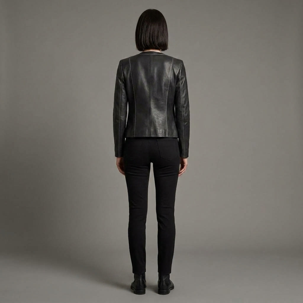 Women's Black Collarless Leather Jacket