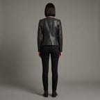 Women's Black Collarless Leather Jacket