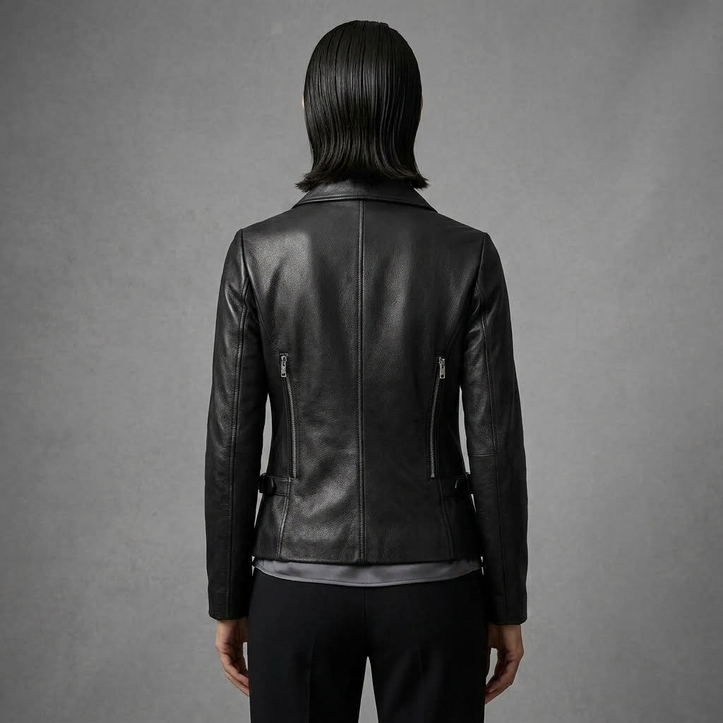 Women's Black Shirt Collar Leather Jacket