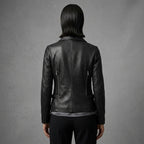 Women's Black Shirt Collar Leather Jacket