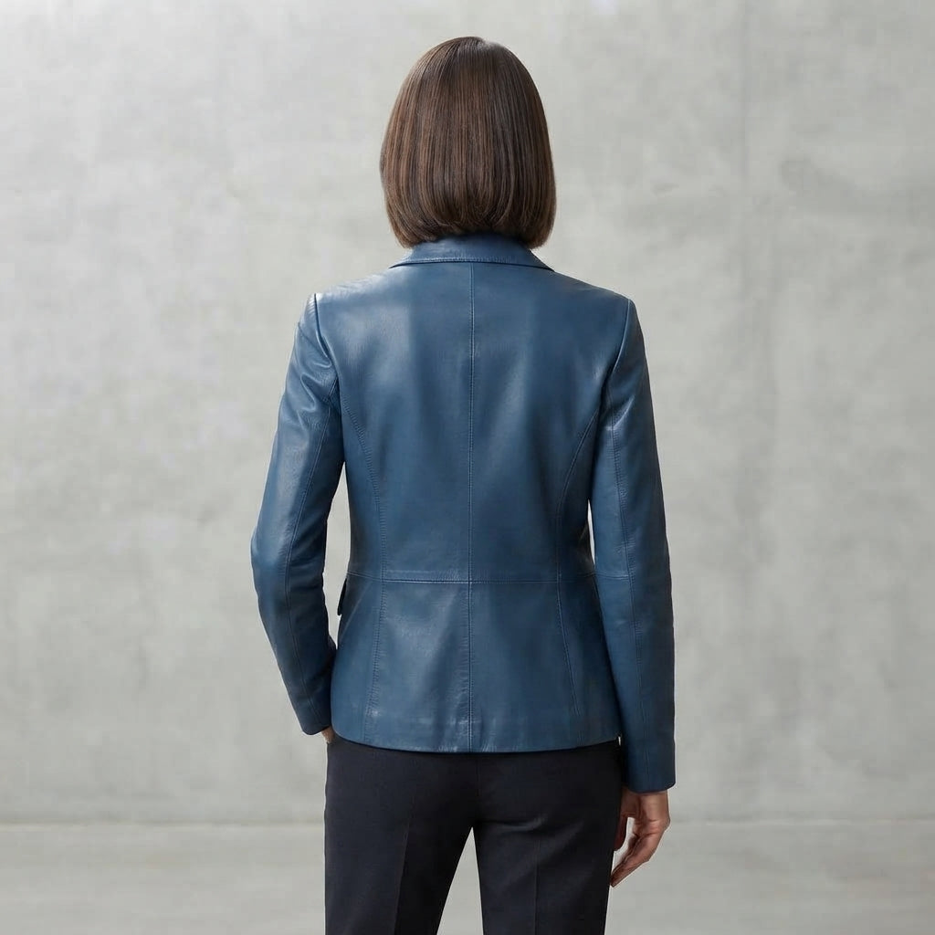 Women's Navy Leather Blazer Jacket