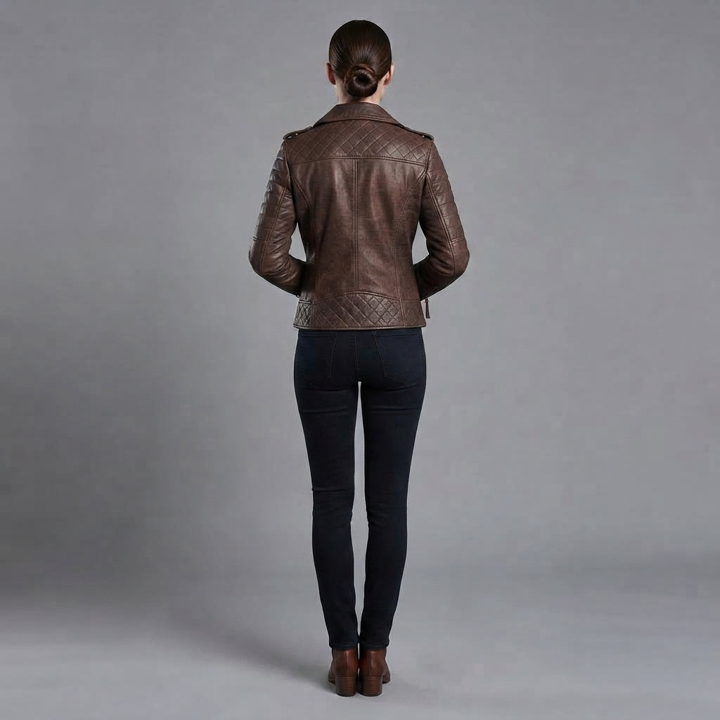 Women's Brown Distressed Leather Biker Jacket