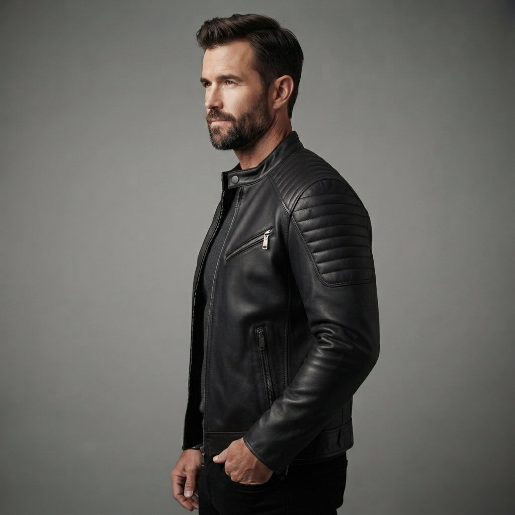 Men's Matte Black Cafe Racer Leather Jacket - Leather Outlet