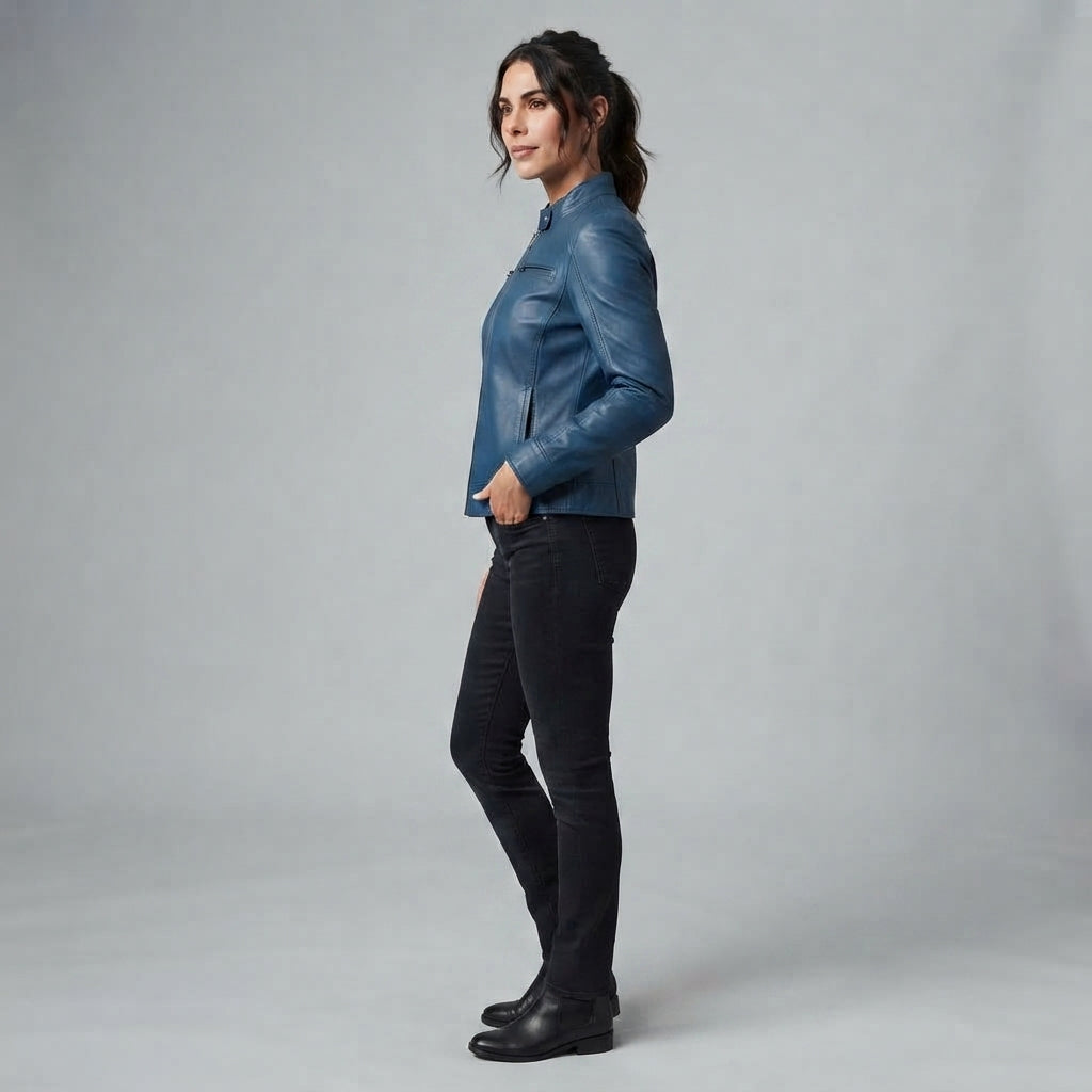 Women's Vintage Blue Leather Racer Jacket