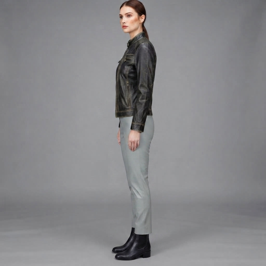 Women's Black Rub-off Cafe Racer Leather Jacket