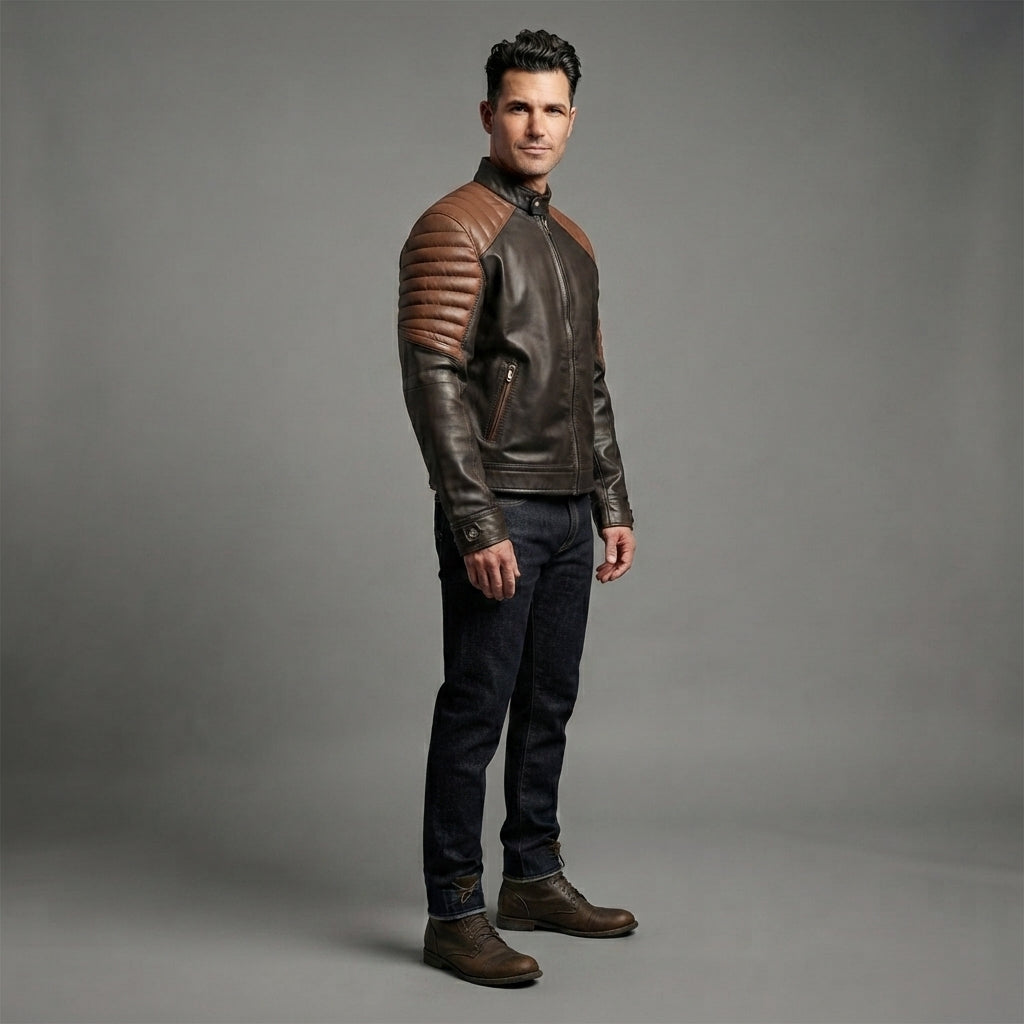 Men's Brown and Black Cafe Racer Leather Jacket - Leather Outlet