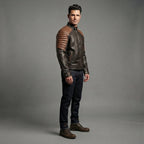 Men's Brown and Black Cafe Racer Leather Jacket - Leather Outlet