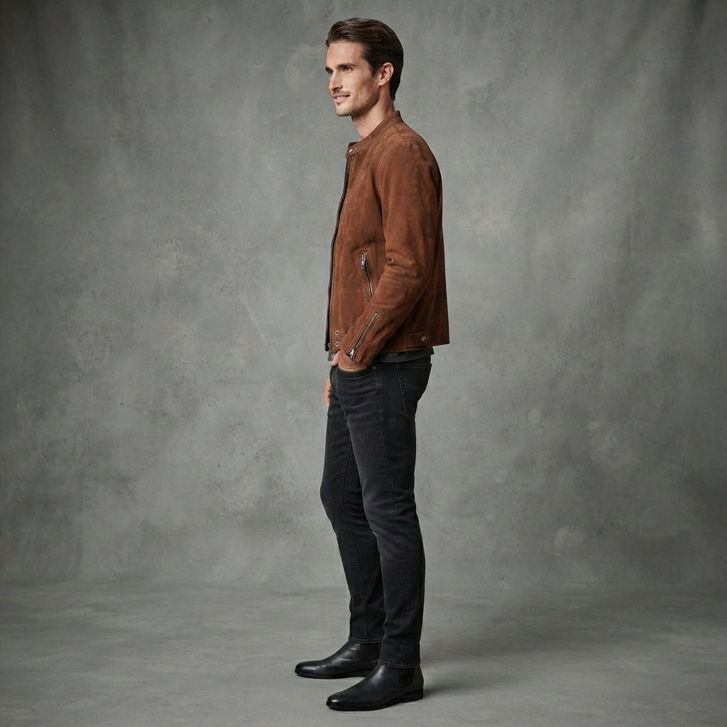 Men's Brown Suede Cafe Racer Jacket - Leather Outlet