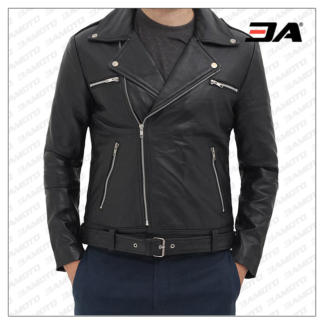 Black Asymmetrical Slim Fitted Rider Belted Leather Jacket