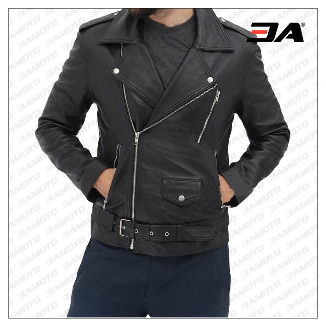 Black Asymmetrical Slim Fitted Rider Belted Leather Jacket