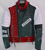 Multi Color Biker Studded Leather Coat Jacket with Adjustable Waist Belted Strap