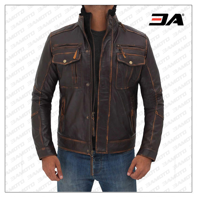 Moffit Dark Brown Genuine Leather Motorcycle Style Jacket
