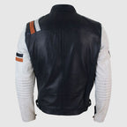 Navy Blue White Real Leather Biker Jacket