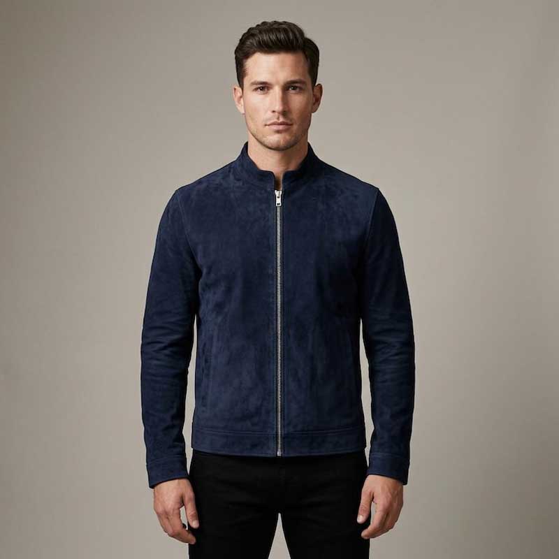 Navy Blue Suede Leather Slim Fit Bomber Jacket