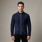 Navy Blue Suede Leather Slim Fit Bomber Jacket