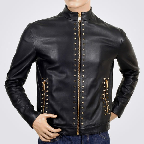 Men’s Black Soft Cowhide Studded Leather Biker Jacket – Avanzar Leather