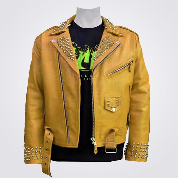 Men’s Orange Spiked Biker Leather Jacket – Avanzar Leather