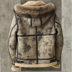 Men's Distressed Shearling Leather Jacket with Fur Hood Rugged Warmth, Ultimate Style