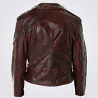 New Mens Full Red Waxed Punk Metallic Spiked Studded Zippered Leather Jacket