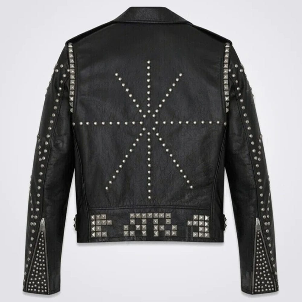Mens Black Full Silver Punk Studded Rivets Leather Jacket