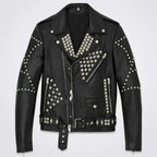 Mens Black Full Silver Punk Studded Rivets Leather Jacket