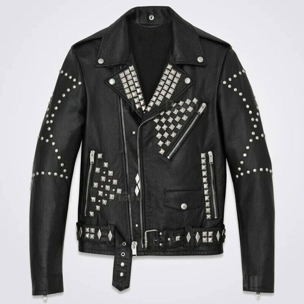 Mens Black Full Silver Punk Studded Rivets Leather Jacket