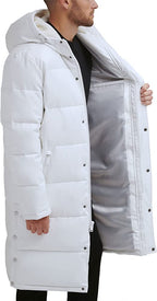 Men's White Trench Puffer Leather Coat - Sleek & Warm