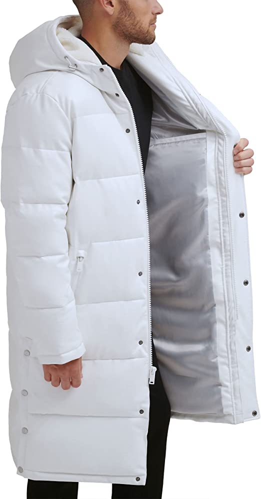 Men's White Trench Puffer Leather Coat - Sleek & Warm
