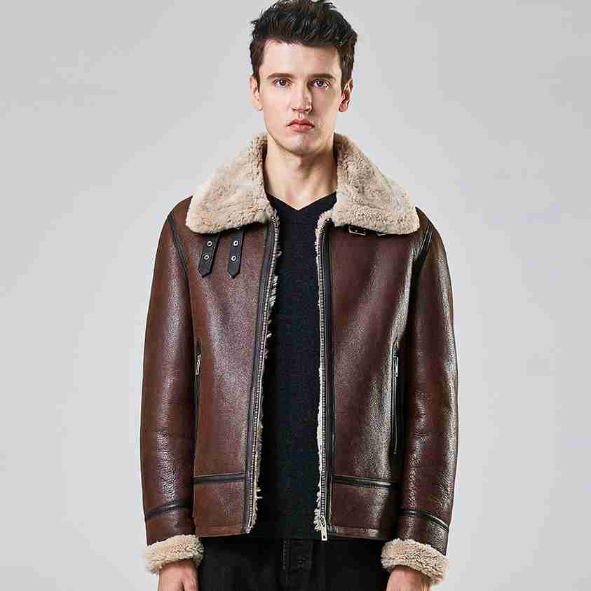 New Mens Shearling Sheepskin B3 Bomber Aviator Motorcycle Jacket
