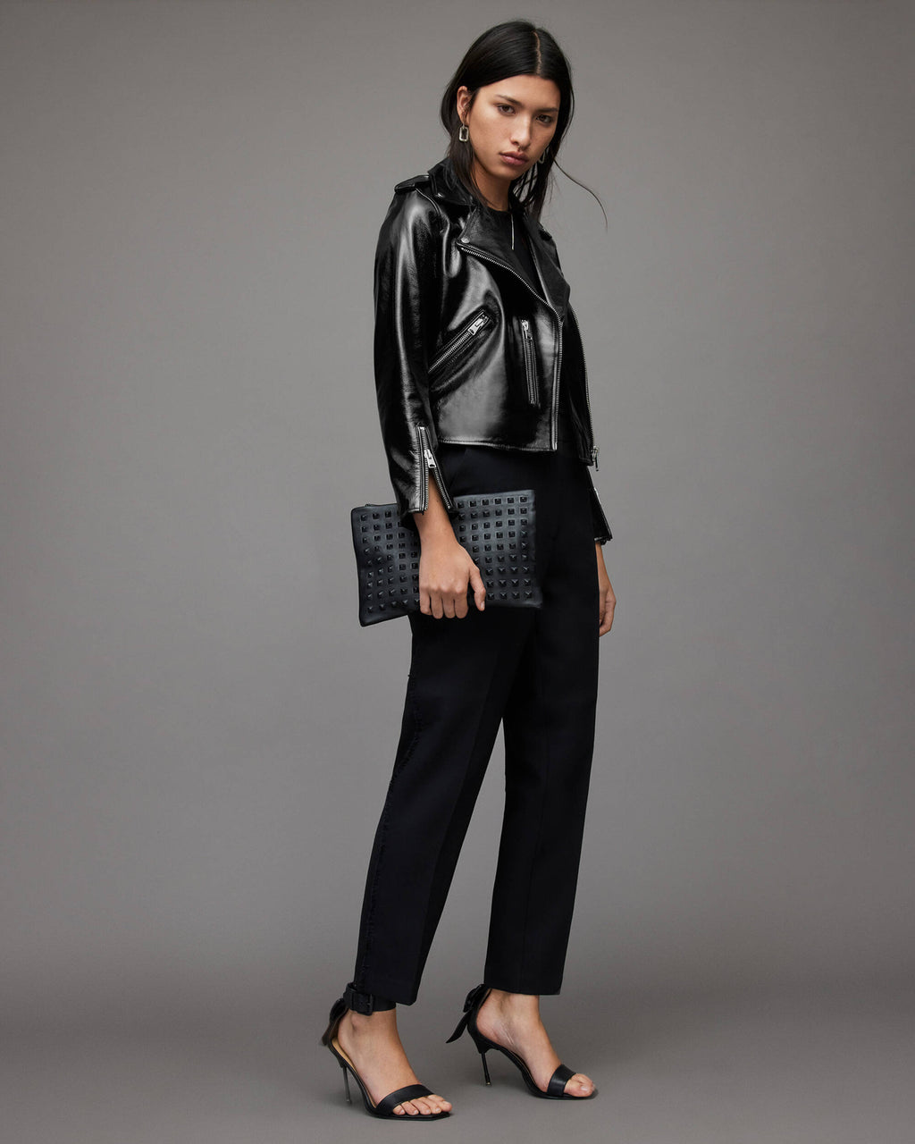 Women's Black Biker Leather Jacket with Shoulder Straps