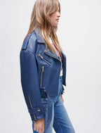 Women's Wine Blue Biker Leather Jacket With Belt