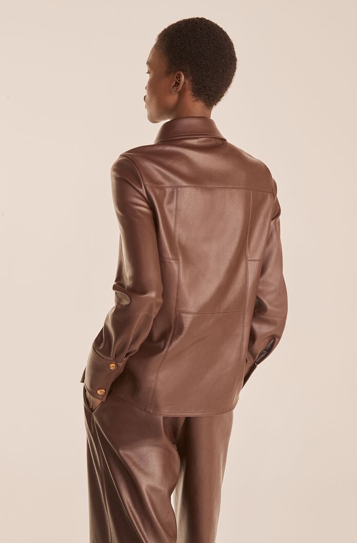 Women's Chocolate Brown Leather Shirt with Gold Buttons and Tailored Fit