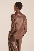 Women's Chocolate Brown Leather Shirt with Gold Buttons and Tailored Fit