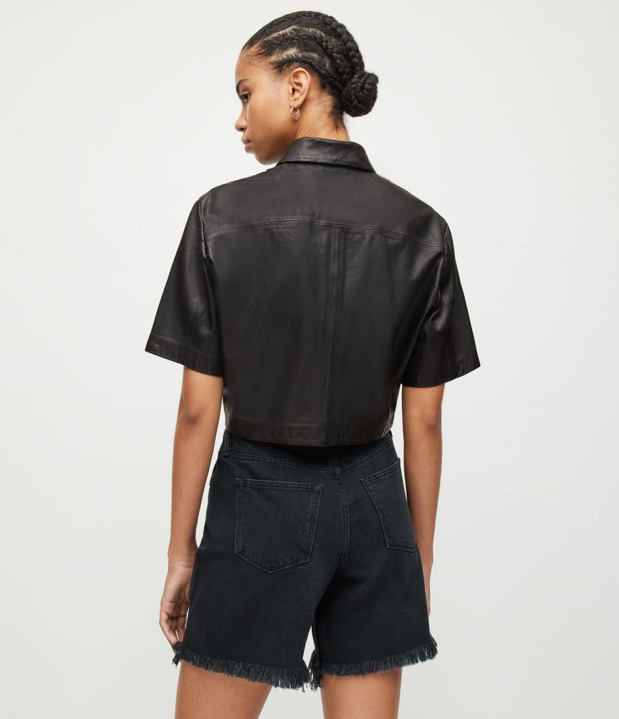 Women's Black Cropped Leather Shirt with Modern Fit