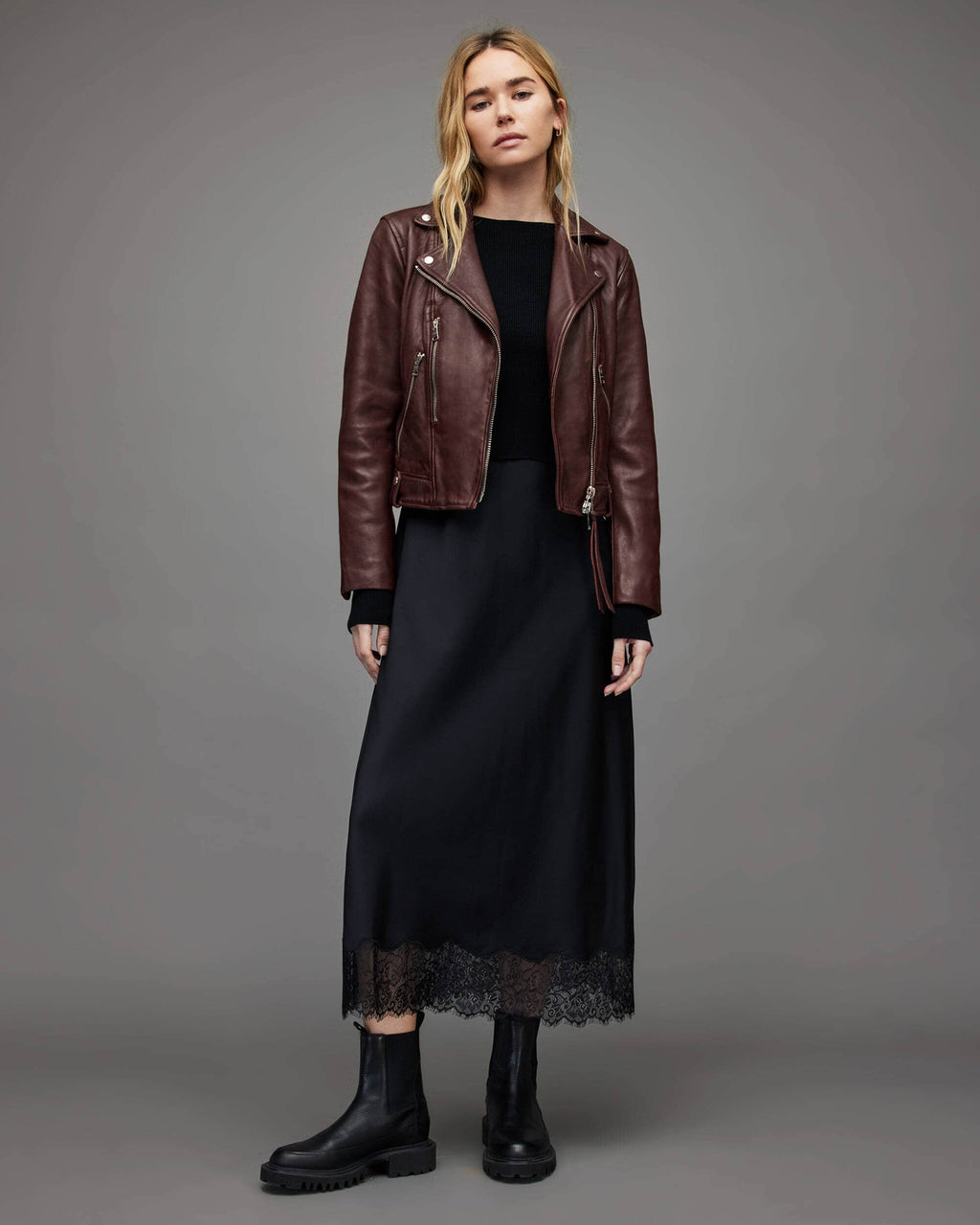 Women's Maroon Leather Biker Jacket – Classic & Stylish