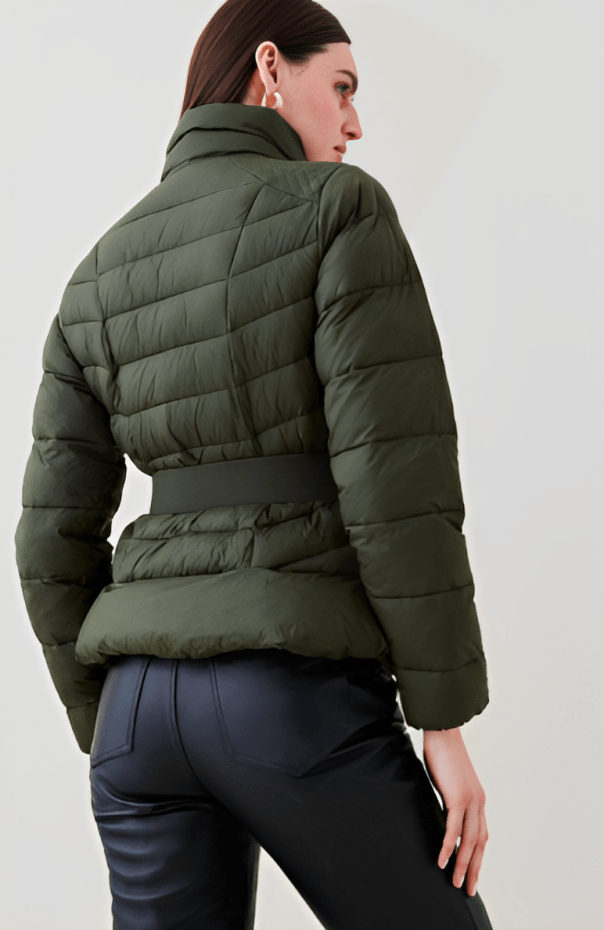 Women's Khaki Green Puffer Jacket with Belt - Stylish and Warm