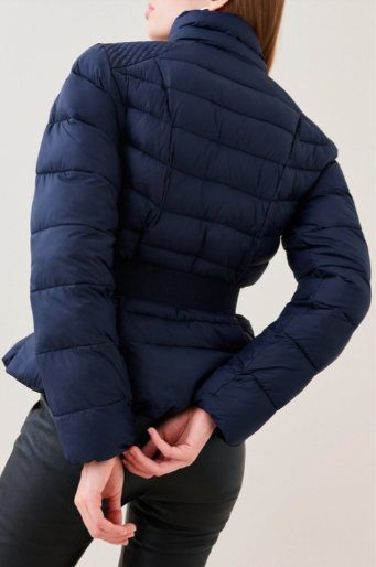 Women's Navy Blue Puffer Jacket with Belt - Chic and Cozy