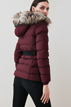Women's Ox Red Puffer Jacket with Fur Collar - Bold and Cozy