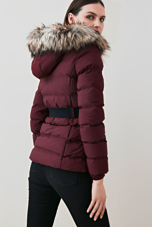 Women's Ox Red Puffer Jacket with Fur Collar - Bold and Cozy