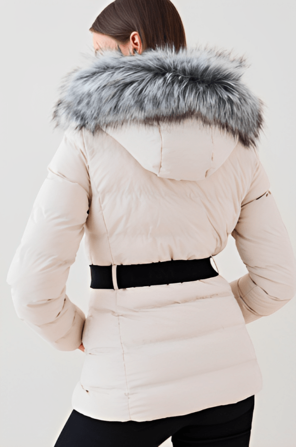 Women's Beige Puffer Jacket with Fur Hood - Chic and Cozy