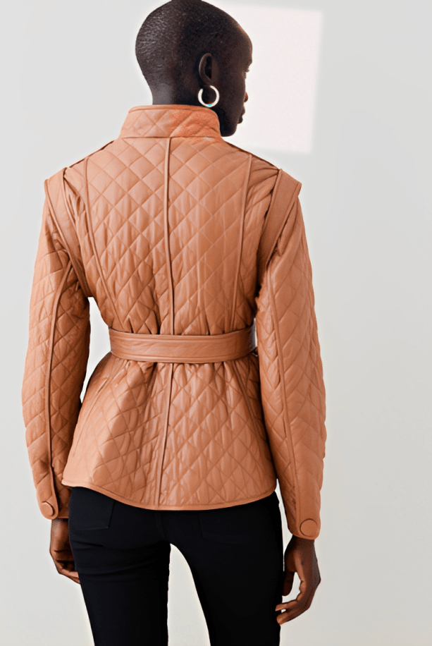 Women's Quilted Leather Jacket in Camel Brown